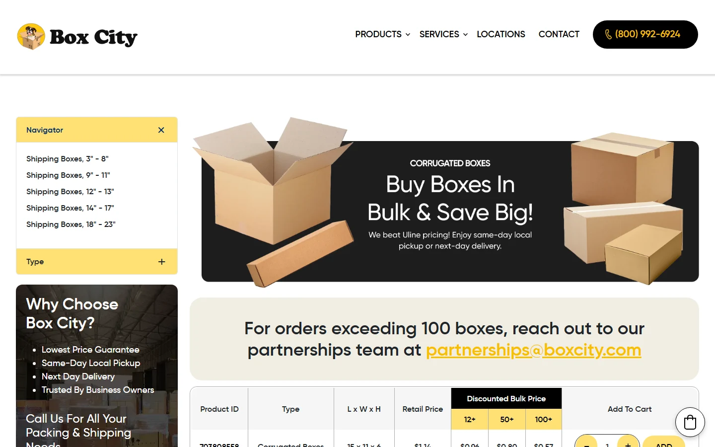 BoxCity Bulk Ordering website screenshot